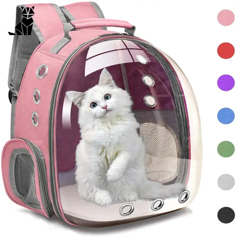 Sac à dos transparent pour chat : Design unique pour le voyage avec chat rose et chat blanc à l’intérieur